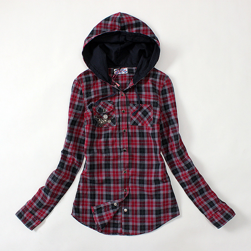 Eone ! Women plaid with a hood casual dual-use sleeves shirt 190g