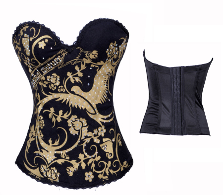 epacket free fashion goth punk rock hooked overbust gold corset top Phoenix print corset Tattoo bustier