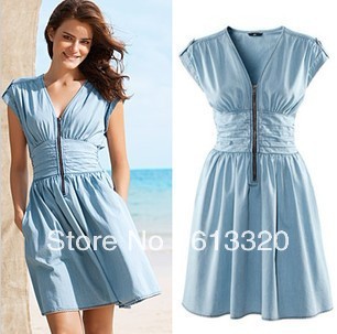 Epaulette V-neck zipper slim waist light blue tiebelt cotton denim one-piece dress Free shipping