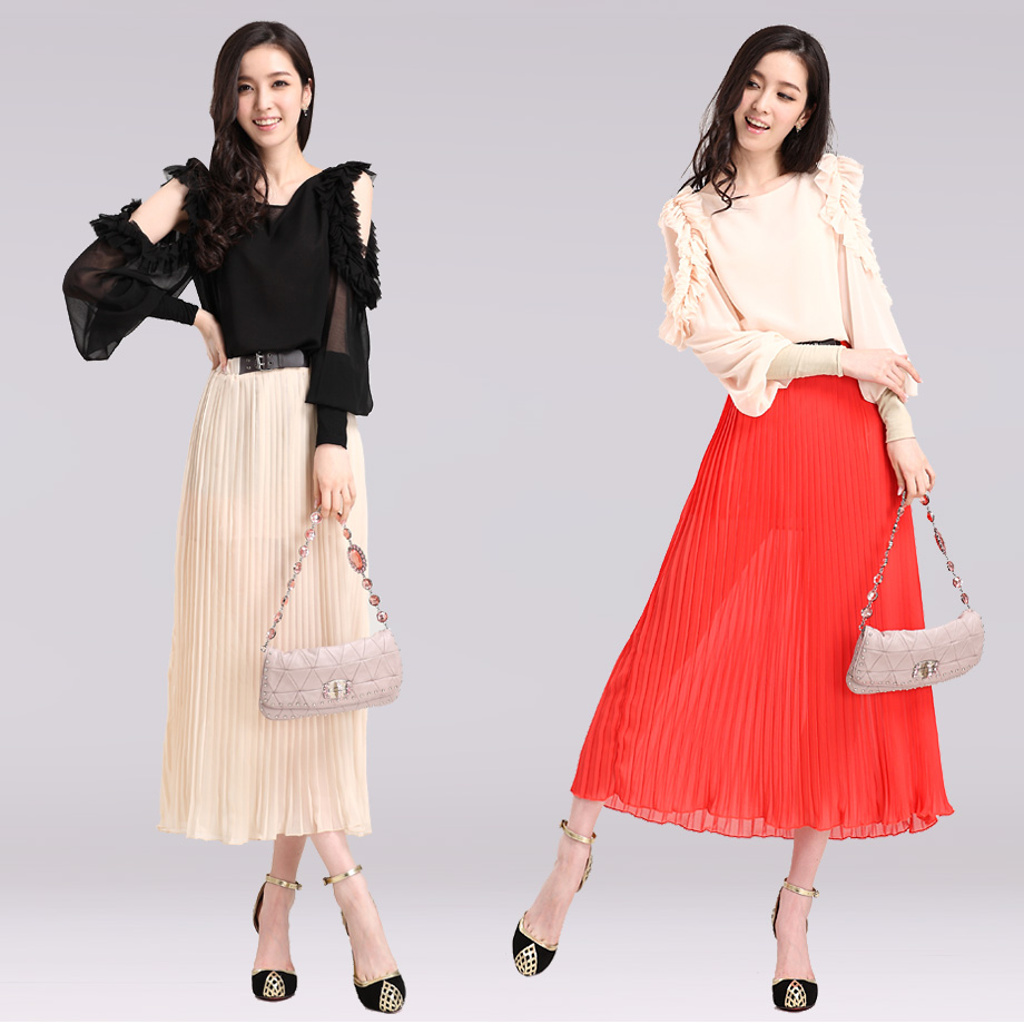 Es magic wardrobe 2012 spring leather buckle on cummerbund pressure pleated long design half-skirt - - 2