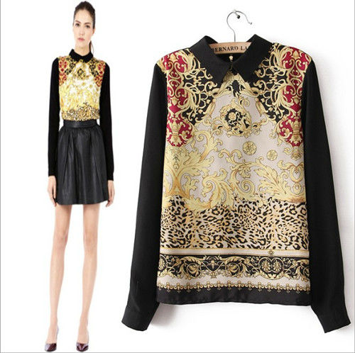 ETHNIC-PRINT TURN DOWN COLLAR LONG SLEEVE BLOUSE/SHIRT 0137#