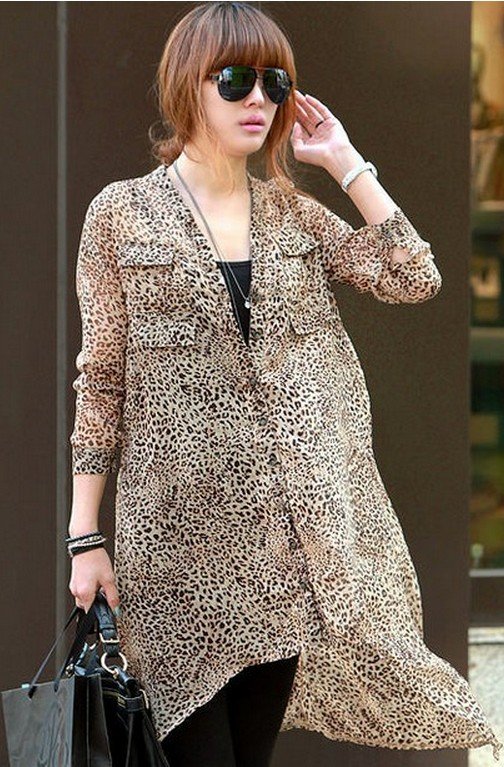 Europe and the United States fashion temperament blouse leopard grain dovetail double pocket chiffon shirt