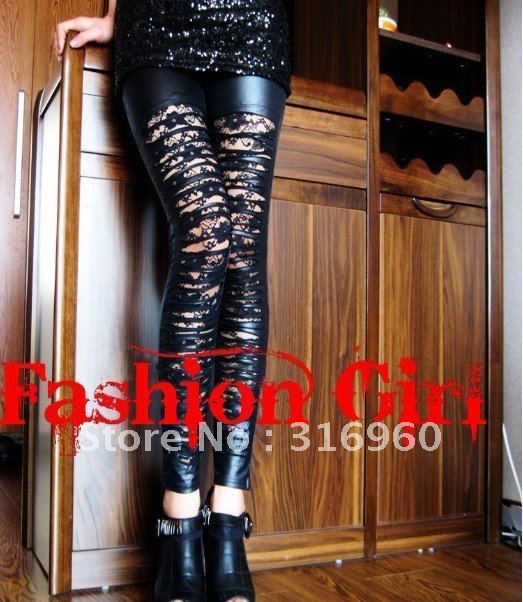 Europe and the United States punk wind two layer roses jacquard lace honed imitation leather holes beggar backing pants