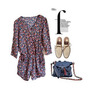 Europe and the United States the big ladies mashup pastoral wind Floral Jumpsuit seven points sleeve V-neck