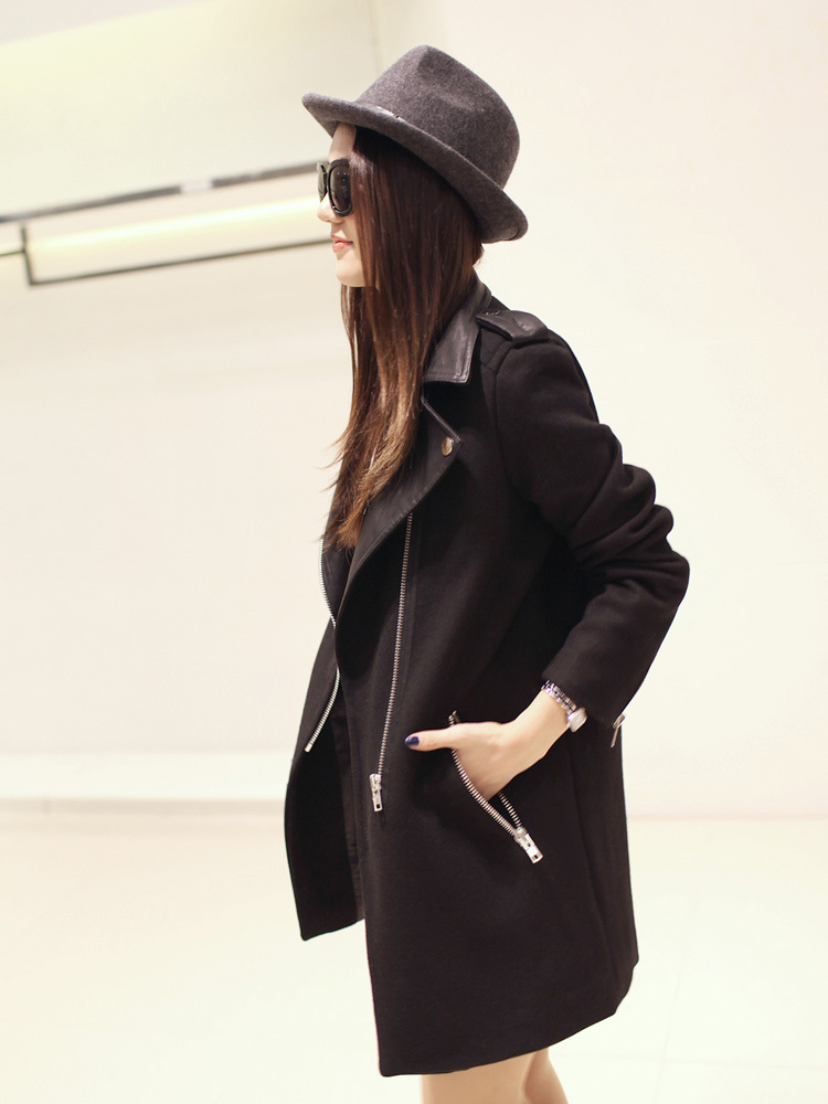 Europe and the wind Ms. spell leather lapel woolen coat, ladies in long woolen coat, free shipping