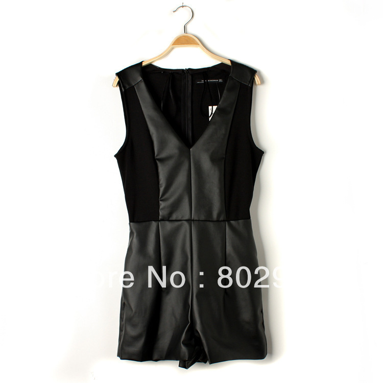 Europe Casual Sleeveless V Neck  Women Jumpersuit Rompers Black free shipping