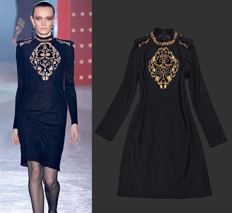 Europe High Fashion Women Stand Collar Epaulette Golden Embroidery Long Sleeve Vintage Dress Boutique Dresses SS13031