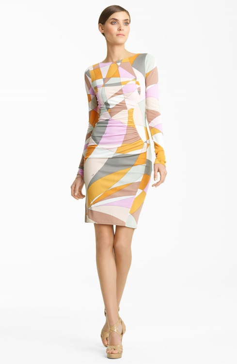 Europe Top Fashion Long Sleeve Boat Neck Geometric Printed Color Block Silk Jersey Dress