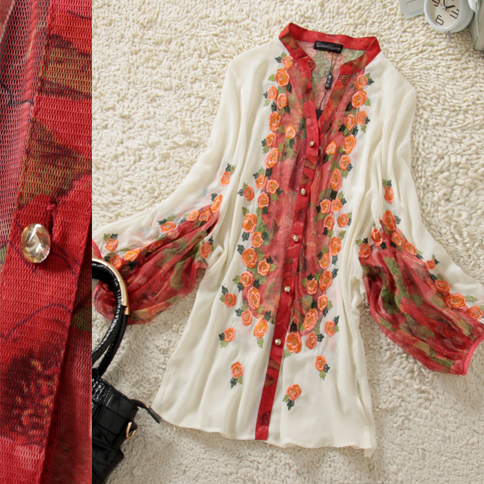 European 2013 spring and summer patchwork lantern sleeve embroidered silk loose top 16a038 free shipping