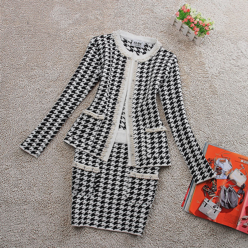 European 2013 spring female set beaded beads houndstooth fashion elegant 2 piece set career dress free shipping