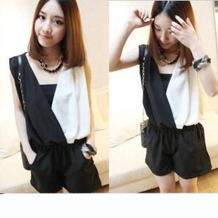 European and American big black and white chiffon piece shorts jumpsuit