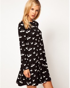 European and American Wind Swan printing loose version of Europe and the United States major suit star  long-sleeved dress