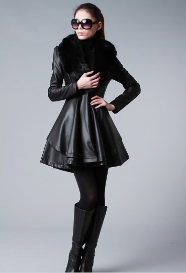 European Fashional luxury long style leather coat with fur collar