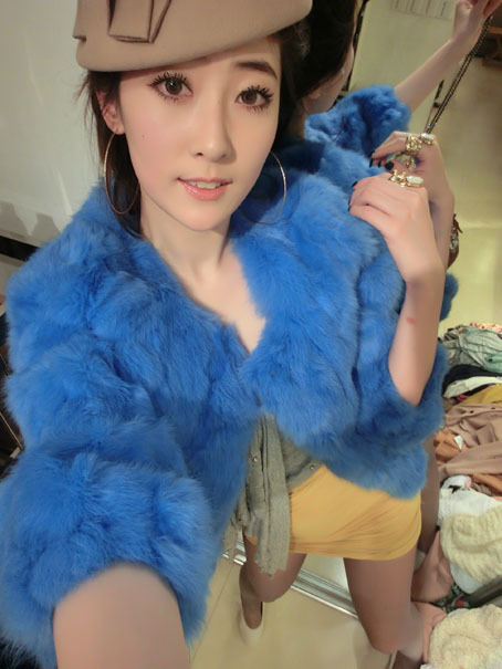 European goods beautiful rabbit fur short jacket blue