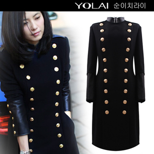 European style buttons woolen leather patchwork military overcoat queen Ladies extra long winter overcoat