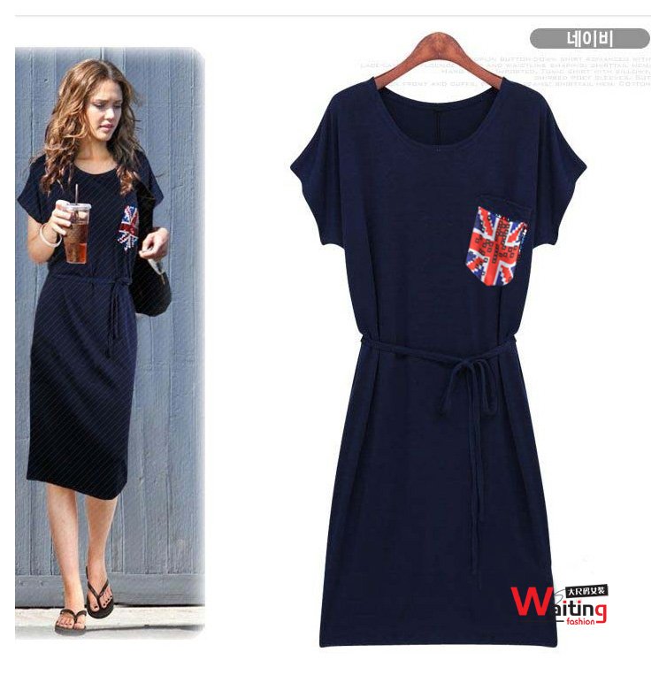 European Style Plus Size Short Sleeve O-neck Red Union Flag Pocket Front Long Mid-calf Summer Dress with Belt Size XL XXL XXXL