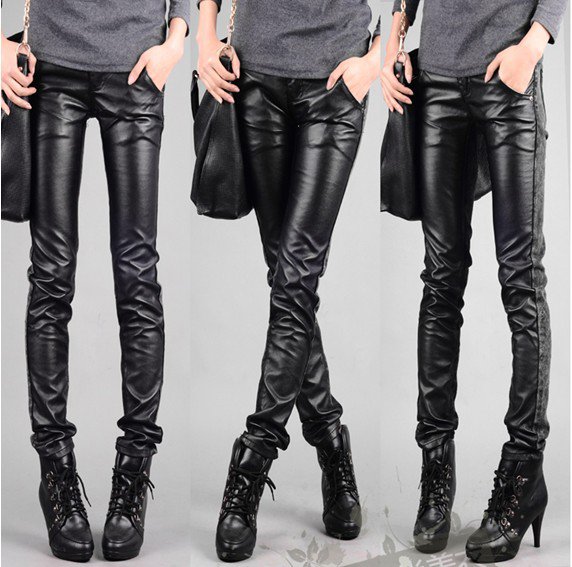 European Super Style Fake Leather&Denim Patchwork Slim Women Pant Picture Color Mid Waist Leather Pants