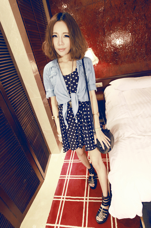 Evidenced 2013 fashion polka dot fight sleeve denim shirt female