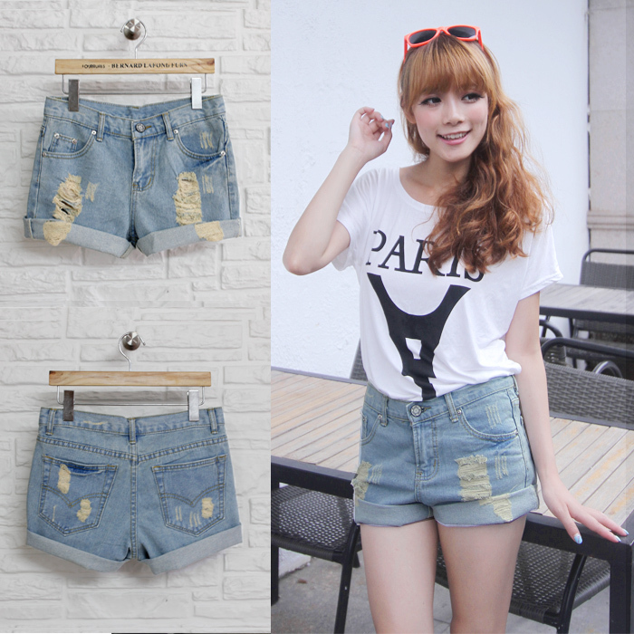 Excellent 2013 roll-up hem hole personality loose mid waist denim shorts women's