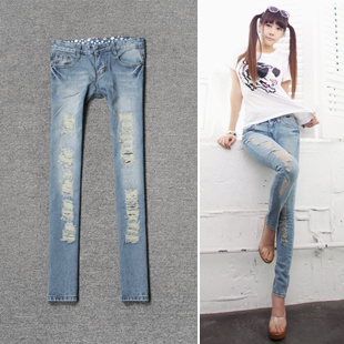 Excellent water wash wearing white hole color pencil nostalgic light blue skinny pants female jeans 6623