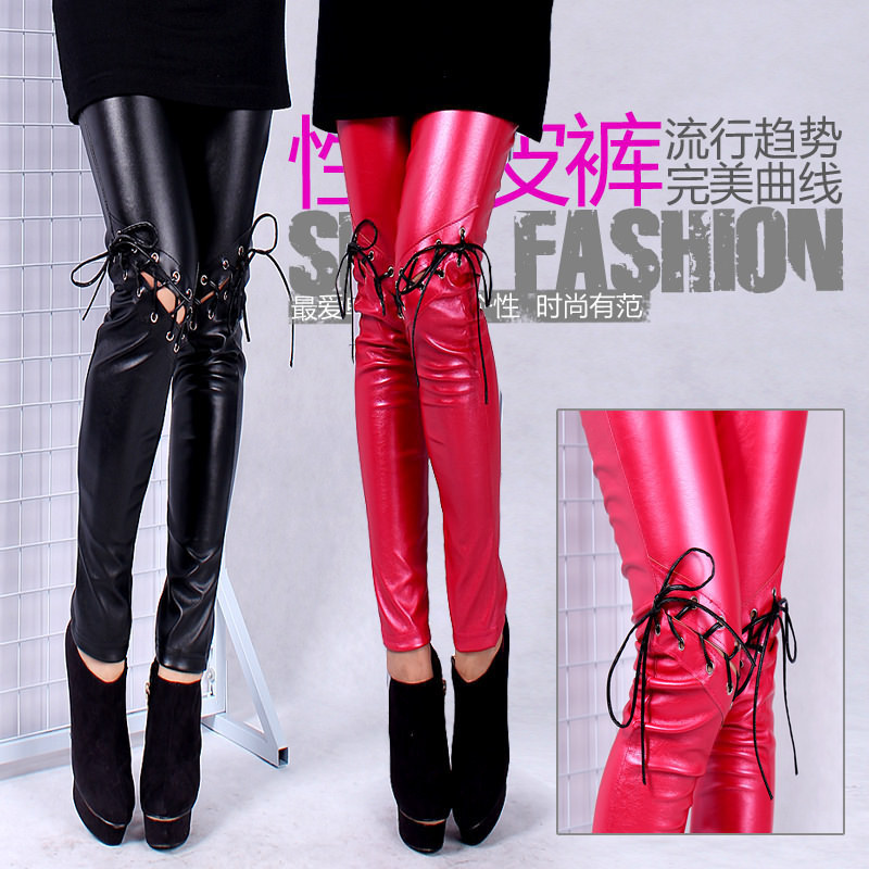 Exclusive! 2012 new desing fashion Europe/America sexy knee lacing faux leather/PU  women thermal leggings/tights/pants/trousers