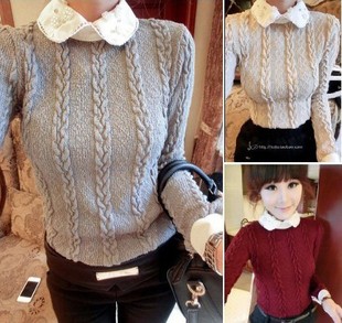 Exquisite beading flower peter pan collar twisted sweater all-match patchwork sweater top