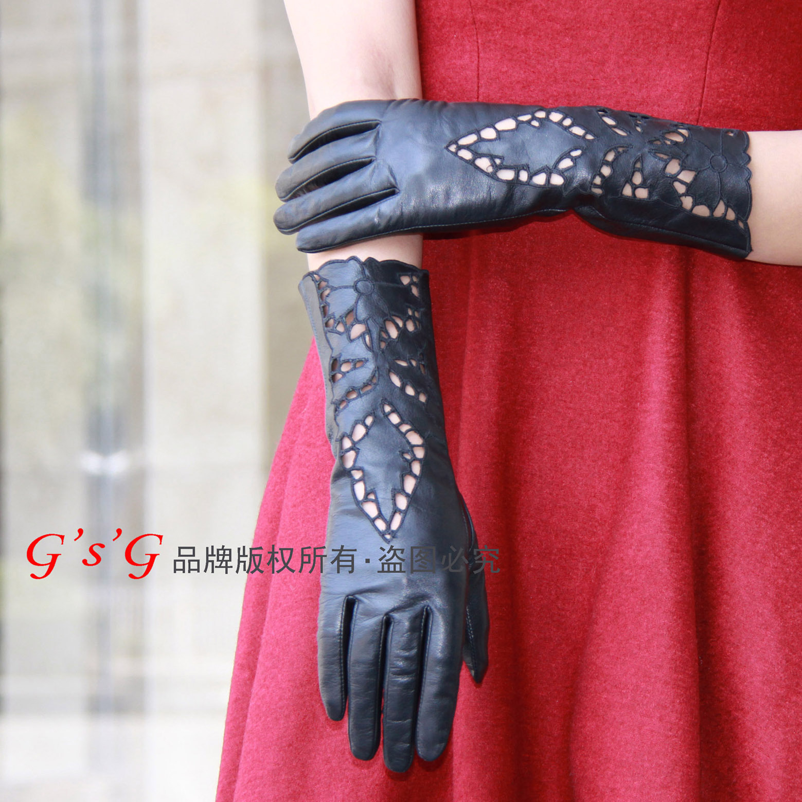 Exquisite embroidered women's long design top small suede genuine leather gloves glfw10007