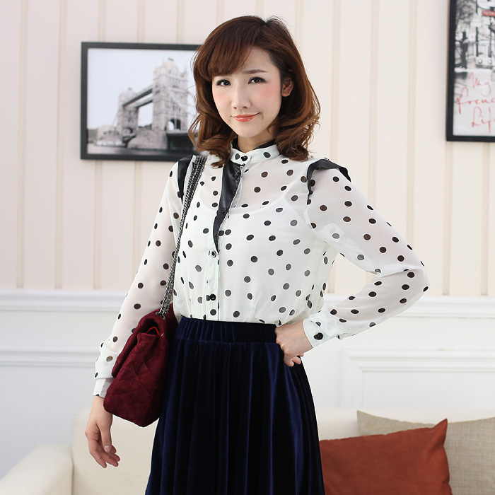 F1-2 spring 2013 women's personalized fashion faux leather stand collar polka dot chiffon shirt clairvoyant outfit