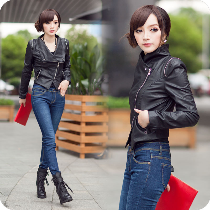 F4211 2013 spring female short design slim short design water washed leather PU clothing