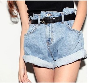 F50 2013 women's vintage high waist loose water wash light blue denim shorts