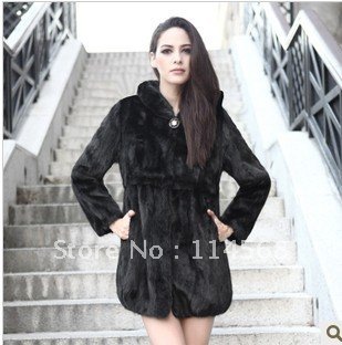 Factory New Stylish Women's Long Black Sheared Mink Fur Coat/Garment With Hooded as Christmas Day Gift