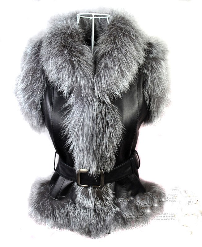 Fall And Winter Clothes Specials Soft Silver Fox Fur Collar Sheep Leather Vest Big Waistcoat Leather Women's Clothing Coat