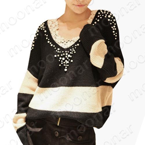 Fall Lady V-neck Sequin Stripe Knit long Tops Hip-wraped Sweater E0821