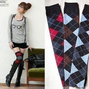 Fall Winter New Classical Diamond lattice Socks College style knee Socks 2 Colors Free Shipping