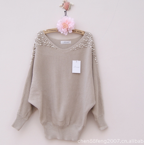 Fall Winter Women's Beads Knitwear Knit Sweater Batwing Sleeve Smock Tops Blouse  E0890