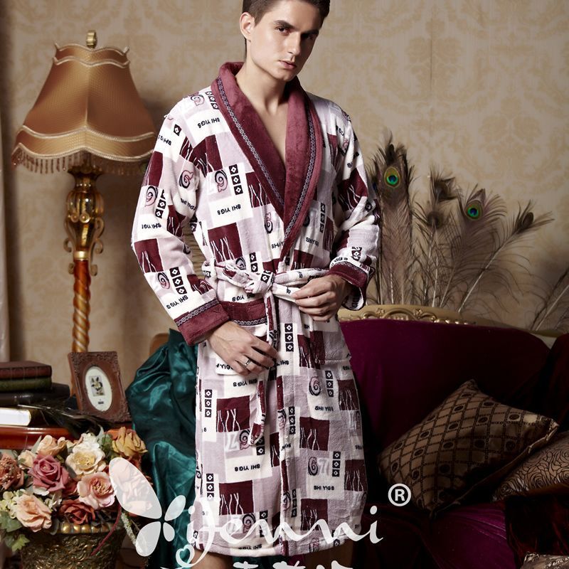 Fanny autumn and winter coral fleece sleepwear male casual plaid male thickening coral fleece robe bathrobes lounge