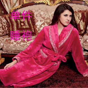 Fanny goatswool sleepwear autumn and winter thickening coral fleece robe sexy lace bathrobe long-sleeve lounge nightgown