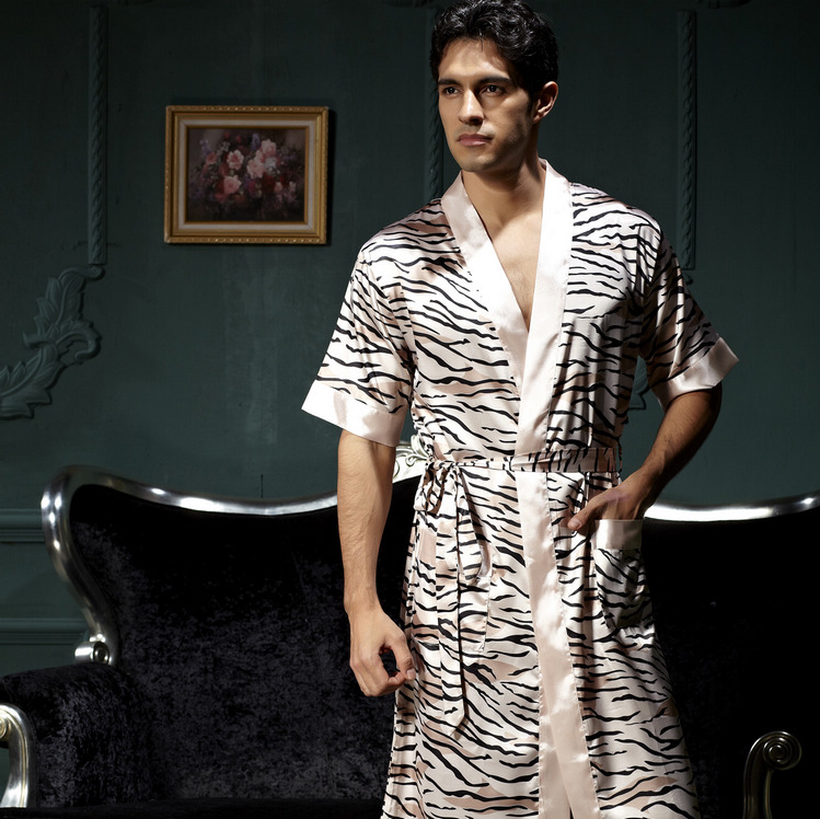 Fanny leopard print male short-sleeve faux silk robe bathrobes men's robe sleepwear