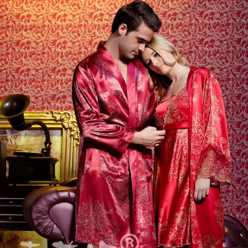 Fanny summer male women's lounge marry lovers sleepwear long-sleeve faux silk sleepwear