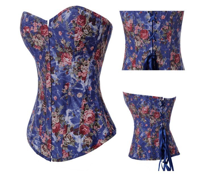 Fantasy Charming Lace Up Boned Rose Floral Corset Bustier Jean Costume Lingerie