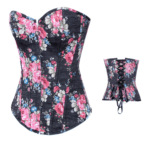 Fantasy Lace Up Rose Floral Black Corset Bustier &Top Jean Costume S-2XL