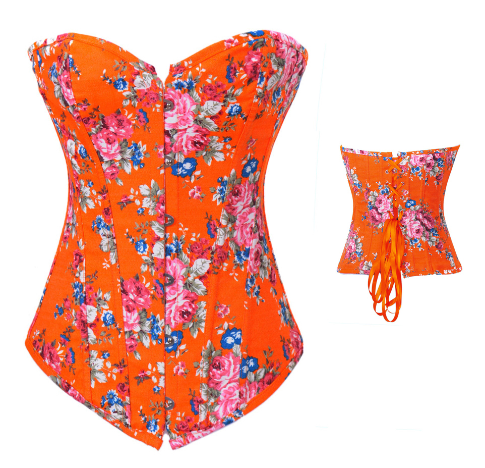 Fantasy Lace Up Rose Floral Corset Bustier &Top Jean Orange Costume S-2XL