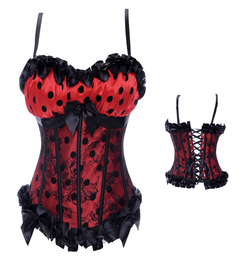 Fascinating Red with Black Dots and Lace Overlay Lace up Boned Strap padded cup bodyshaper Wholesale S-2XL Free shipping