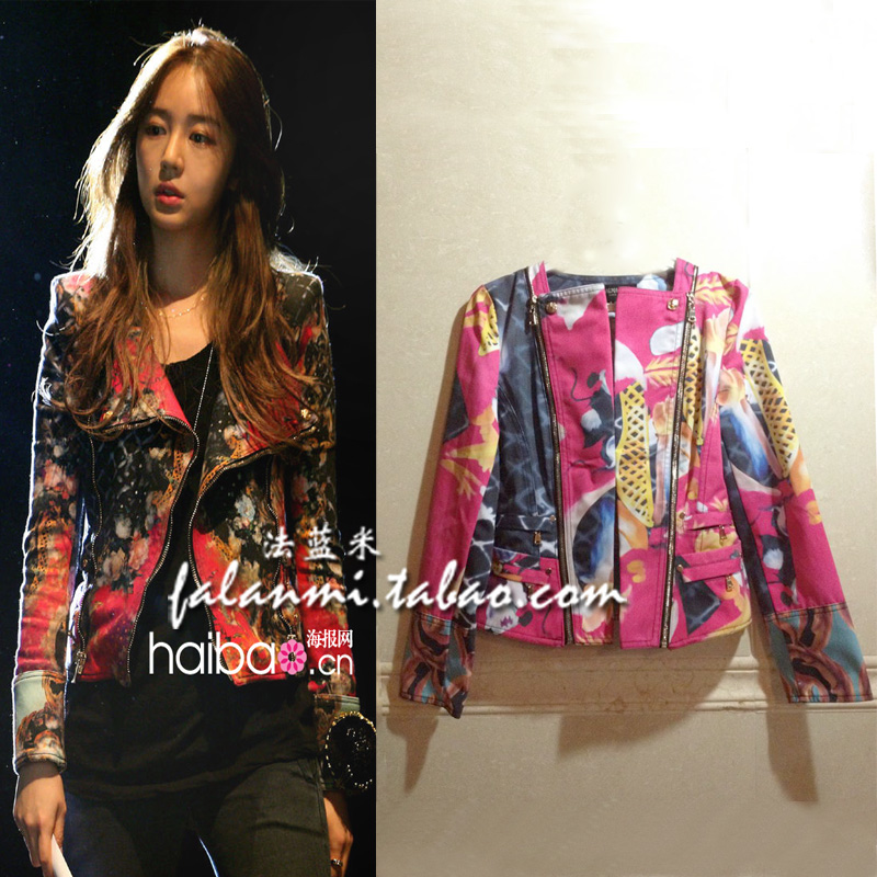 Fashion 13 spring vintage print double zipper motorcycle jacket short jacket