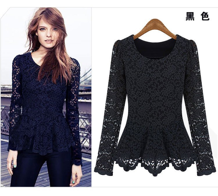 Fashion 1pac/lot New sexy women black,white lace Elegant, generous. Long sleeve blouse  free shipping 2059