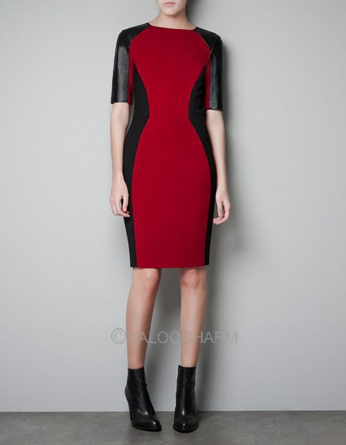 Fashion 1pc International brand same style Splicing leather patchwork half sleeve red dress 70093 -70095