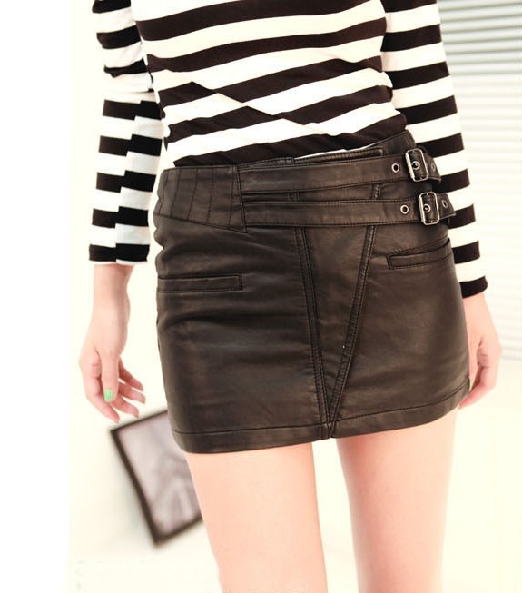 fashion 2012 autumn new arrival personalized double buckles elegant sexy bust skirt short skirt leather skirt ### 3865