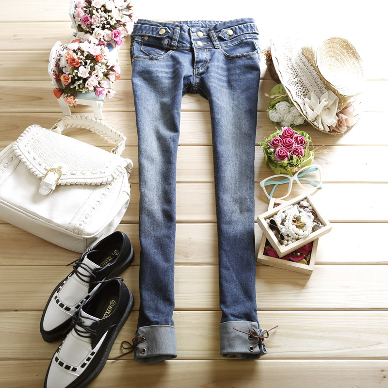 Fashion 2012 autumn strap roll-up hem water wash slim ankle length trousers straight jeans female trousers