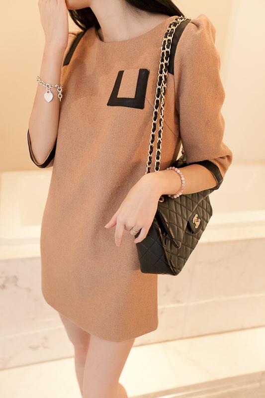 Fashion 2012 skirt woolen one-piece dress leather pocket three quarter sleeve short skirt