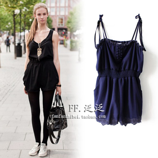 Fashion 2012 spaghetti strap jumpsuit lace shorts chiffon summer casual